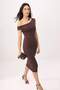 Kahverengi Bodycon Asimetrik Yaka Düşük Kol Kısa Kollu Midi Soft Touch Örme Elbise TWOSS26EL00629 - 2