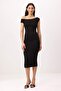 Siyah Bodycon Asimetrik Yaka Düşük Kol Kısa Kollu Midi Soft Touch Örme Elbise TWOSS26EL00629 - 2