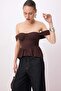 Kahverengi Büzgülü Peplum Detaylı Poplin Party Büstiyer TPRSS26BS00008 - 4