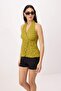 Oil Green Textured Halter Neck Crop Gathered Knitted Blouse Twoss24Bz00389 - 4