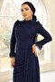 Volan Detailed Lace Hijab Evening Dress Dark Blue 1251 - 2