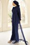 Volan Detailed Lace Hijab Evening Dress Dark Blue 1251 - 5