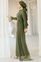 Beli Cape Detailed Stone Decorated Lace Hijab Evening Dress Green 1252 - 7