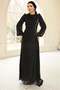 Yoryo Silk Hijab Evening Dress with Pearl and Pleated Detail Black 1249