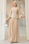 Front Stone Detailed Patterned Crepe and Chiffon Combination Hijab Evening Dress Bej 1689 - 5