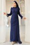 Beli Cape Detailed Stone Decorated Lace Hijab Evening Dress Dark Blue 1252 - 5