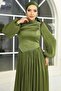 Pearl and Satin Detailed Yoryo Silk Hijab Evening Dress Green 1688 - 5