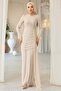 Beli Cape Detailed Stone Decorated Lace Hijab Evening Dress Cream 1252 - 3