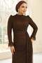 Volan Detailed Lace Hijab Evening Dress Brown 1251 - 4