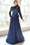 Stone Embroidered Satin Yoryo Silk Combination Hijab Evening Dress K. Indigo 1055