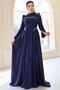 Pearl Detailed Crepe and Satin Combination Flared Hijab Dark Blue 1686 - 3