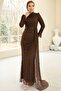 Volan Detailed Lace Hijab Evening Dress Brown 1251 - 3