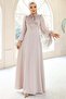 Yoryo Silk Crepe Combination Hijab Evening Dress with Lace and Pearl Detailing Taş 1685