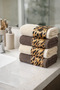 4-Piece Leopard Towel Set 100% Cotton Certified, Hand / Face / Kitchen Towels 50X90Cm Brown - Cream - 2