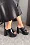 Women's Marci Black Crisikrugan Wide Strap (12 cm) Platform Heeled Slippers 1001 - 3