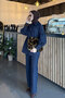 Women's Drawstring Sleeve Button Detail Collar Tie Jeans Trousers Set Navy Blue - 5