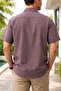 Men's Burgundy White Short Sleeve Lapel Button Cotton Pocket Striped Shirt - 3