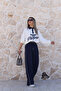 Navy blue elastic waist zipper detail pants - 3