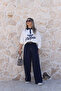 Navy blue elastic waist zipper detail pants - 2