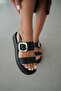 Nency Thin Heeled Silver Buckle Detailed Elastic Women's Sandals - Black - 7