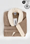 Striped Bathrobe 100% Certified Cotton, 1 Piece Contrast Shawl Collar Bathrobe / Dressing Gown Beige Color - 2