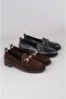 Seç 2505 Genuine Leather Buckle Women's Flat Shoes Black - 8