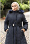 Fur Hooded Belted Quilted Coat 6307-02 Navy Blue - 4