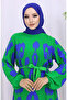 Viscose Fabric Patterned Belted Dress 2033-02 Green Cobalt Blue - 3