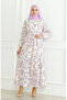 Patterned belted linen dress 0471b-01 beige lilac - 2