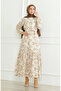 Patterned belted linen dress 0471b-04 beige milky coffee - 2