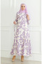 Patterned belted linen dress 0471d-03 beige lilac - 5