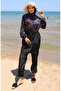 Elastic Waist Leaf Patterned Zippered Hijab Swimsuit with Bonnet Gift 9005-01 Black Fuchsia - 3