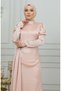 Pile detailed satin evening dress 6154-01 powder - 4