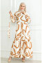Patterned Belted Linen Dress 0471A-08 Beige Taba - 5