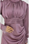 Pile Detailed Satin Evening Dress 6374-02 Dusty Rose - 4