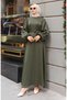 Brooch and lace detailed Corded Fabric hijab dress 0220-02 khaki - 3
