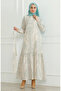 Patterned belted linen dress 0471e-03 beige green - 5