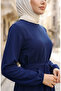 Belted Dress with Elasticated Sleeves 2151-01 Navy Blue - 4