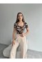 Patterned Square Collar Short Sleeve Blouse Brown-Mink - Brown-Mink - 2