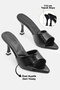 Women's Heeled Slippers Black Patent Leather Rustic Fabric Pointed Heeled Women's Slippers
