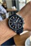 Silver Round Case Men's Wristwatch |   45 mm Steel Case, Navy Blue Leather Strap, Black Dial - 3