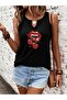 Women's Cherry Lip Printed Half V-Neck Sleeveless Regular Fit Casual T-Shirt - 3