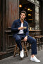 Aniva Navy Blue Men's Striped Wide Fit Double Suit Jacket and Trousers - 7