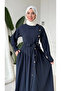 Navy Blue Modal Fabric Belted Buttoned Dress Model - 3