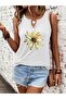 Women's White Printed Half V-Neck Sleeveless Regular Fit Comfortable T-Shirt