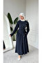 Navy Blue Modal Fabric Belted Buttoned Dress Model - 2