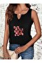 Women's Black Printed Half V-Neck Sleeveless Regular Fit Casual T-Shirt - 4
