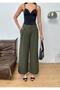 New Season Woven Fabric Front Detail Bridged Buttoned Wide Leg Palazzo Pants