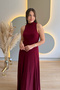 Elegant Burgundy Dress with High Collar and Pleated Draping - 6