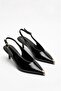 Black Wrinkled Patent Leather Kitten Heel Shoes with Gold Toe Detail - 2